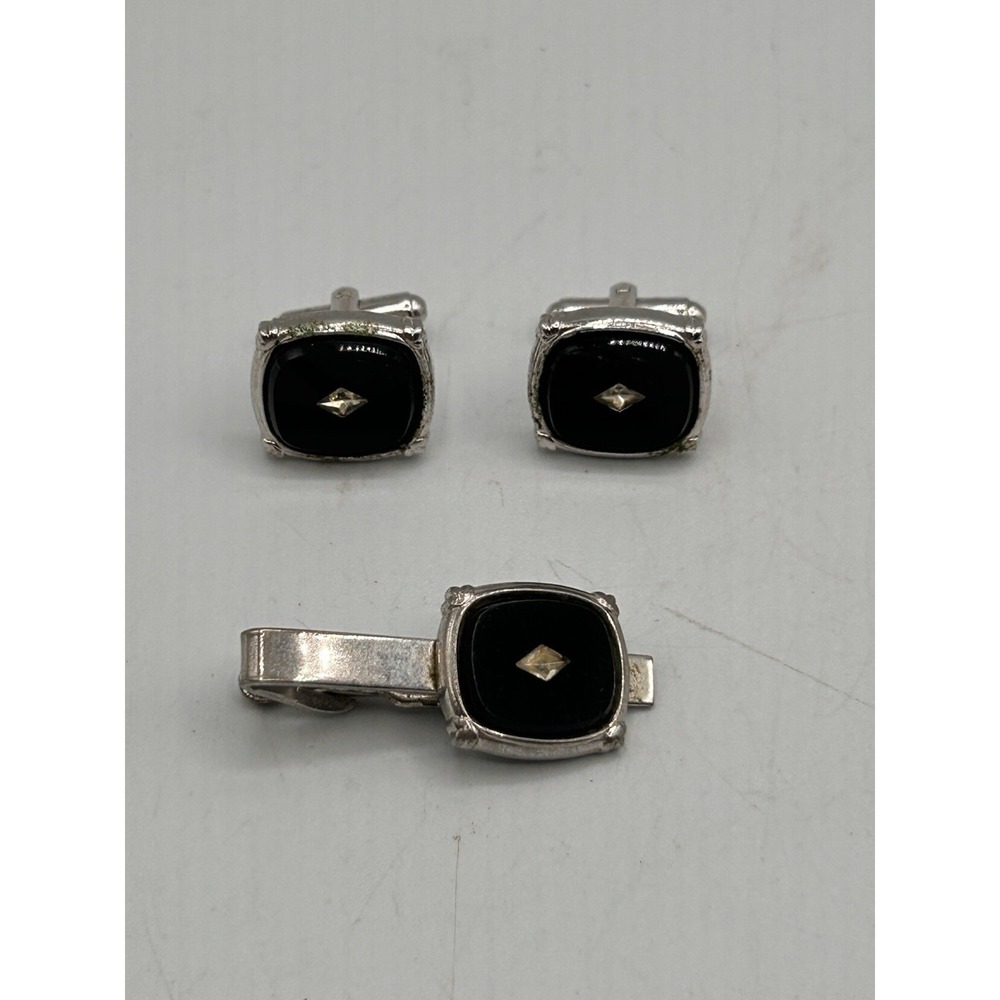 VIntage Shields Mens Cufflinks & Tie Tack Black Glass Diamond Chip‎ Silver Tone